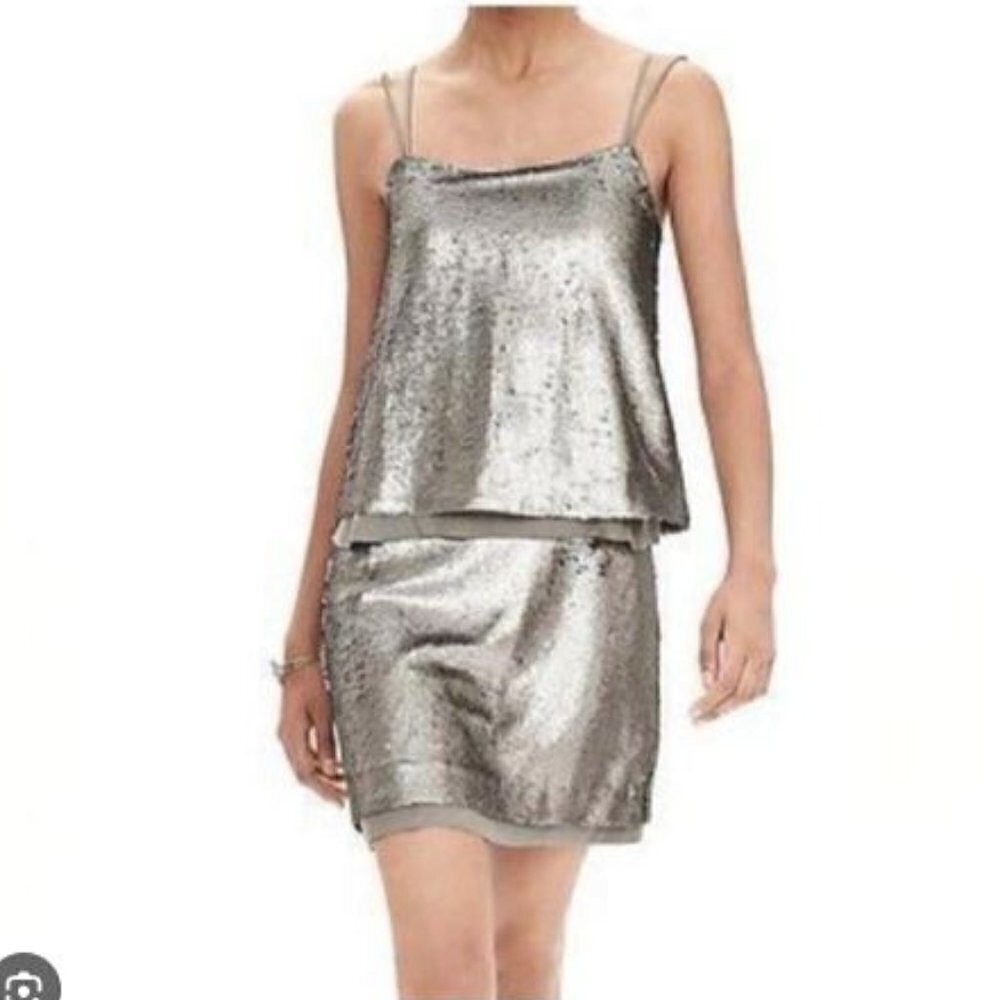 Banana Republic Pewter‎ Sequin Layered Spaghetti Strap Mini Dress Size 6